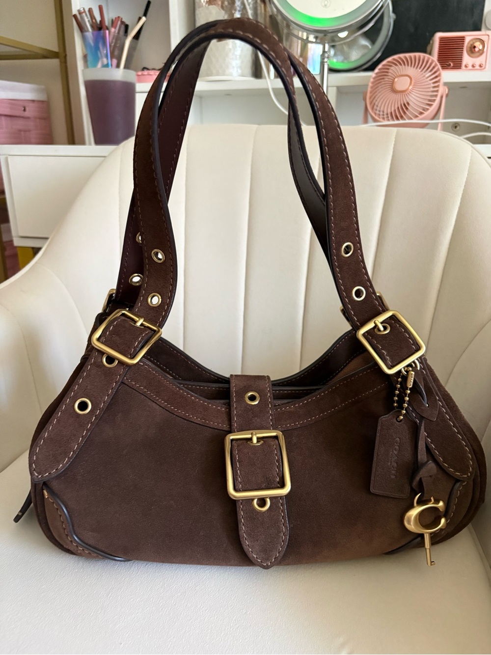 Coach Brown Suede Shoulder Bag with Gold Hardware